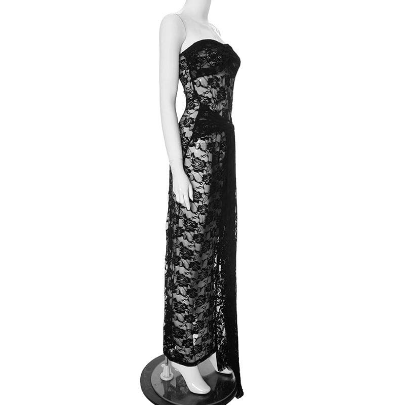 Lace Ruched Ruffle Sheer Tube Maxi Dress - Y2K Aesthetic, Coquette Style, Cute & Comfy