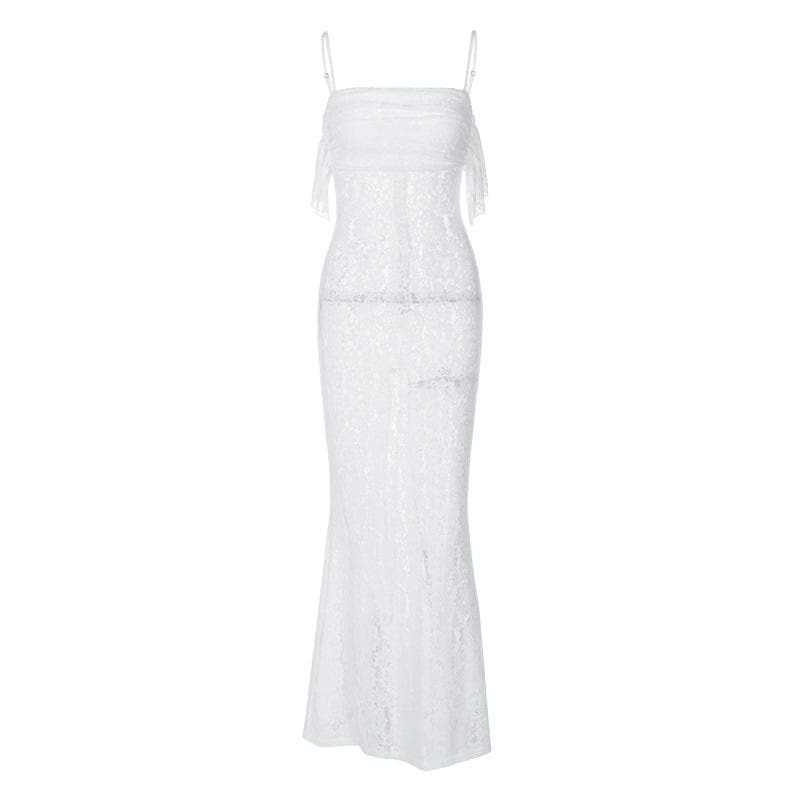 Lace Ruched Ruffle Zip-Up Cami Maxi Dress - Y2K Aesthetic, Coquette Style, Cute Layering Piece