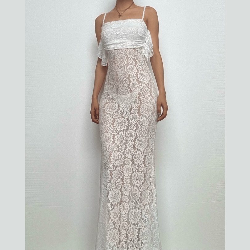 Lace Ruched Ruffle Zip-Up Cami Maxi Dress - Y2K Aesthetic, Coquette Style, Cute Layering Piece