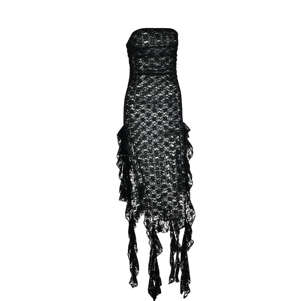 Lace Ruffle High Slit Tube Midi Dress - Y2K Aesthetic, Coquette Style, and Grunge Vibes