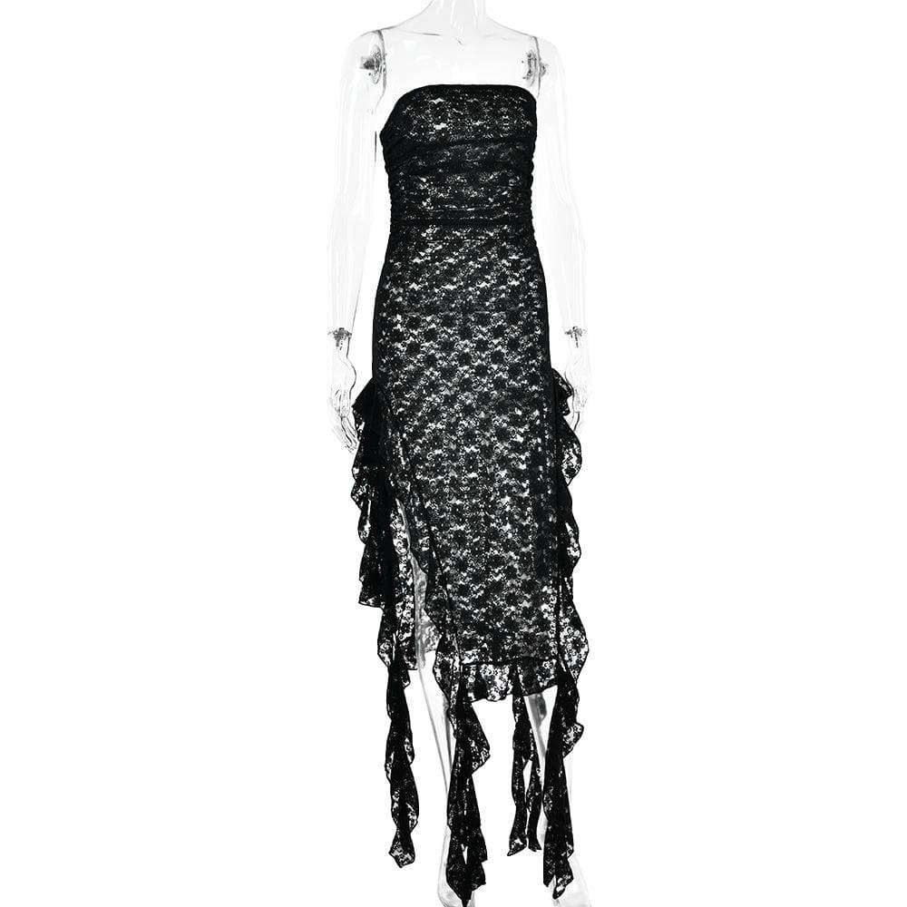 Lace Ruffle High Slit Tube Midi Dress - Y2K Aesthetic, Coquette Style, and Grunge Vibes