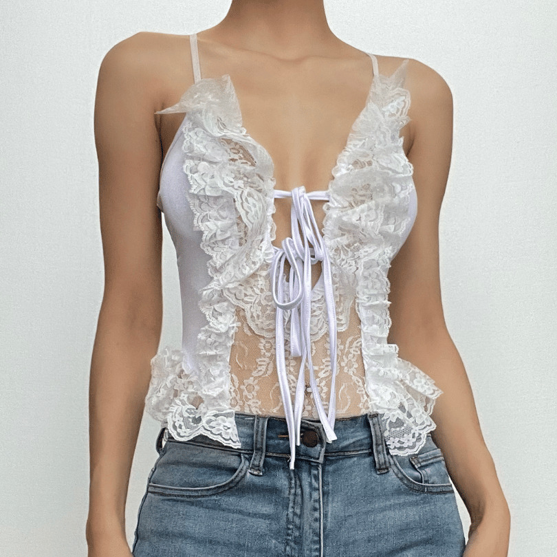 Lace Ruffle V-Neck Backless Cami Bodysuit - Y2K Aesthetic Cute Top for Coquette Style
