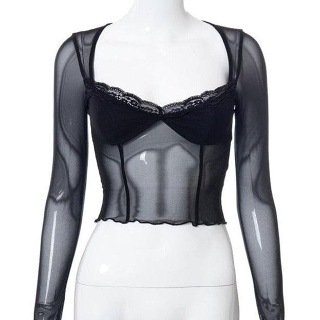 Lace Ruffled Long Sleeve Mesh Crop Top - Y2K Fashion, Coquette Aesthetic, Cute Tops
