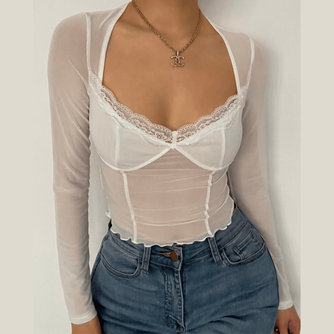 Lace Ruffled Long Sleeve Mesh Crop Top - Y2K Fashion, Coquette Aesthetic, Cute Tops