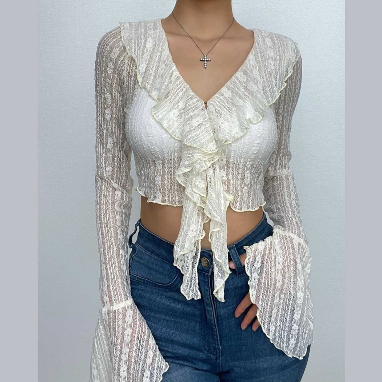 Lace See-Through Flared Sleeve V-Neck Ruffle Crop Top - Y2K Aesthetic Cute Top