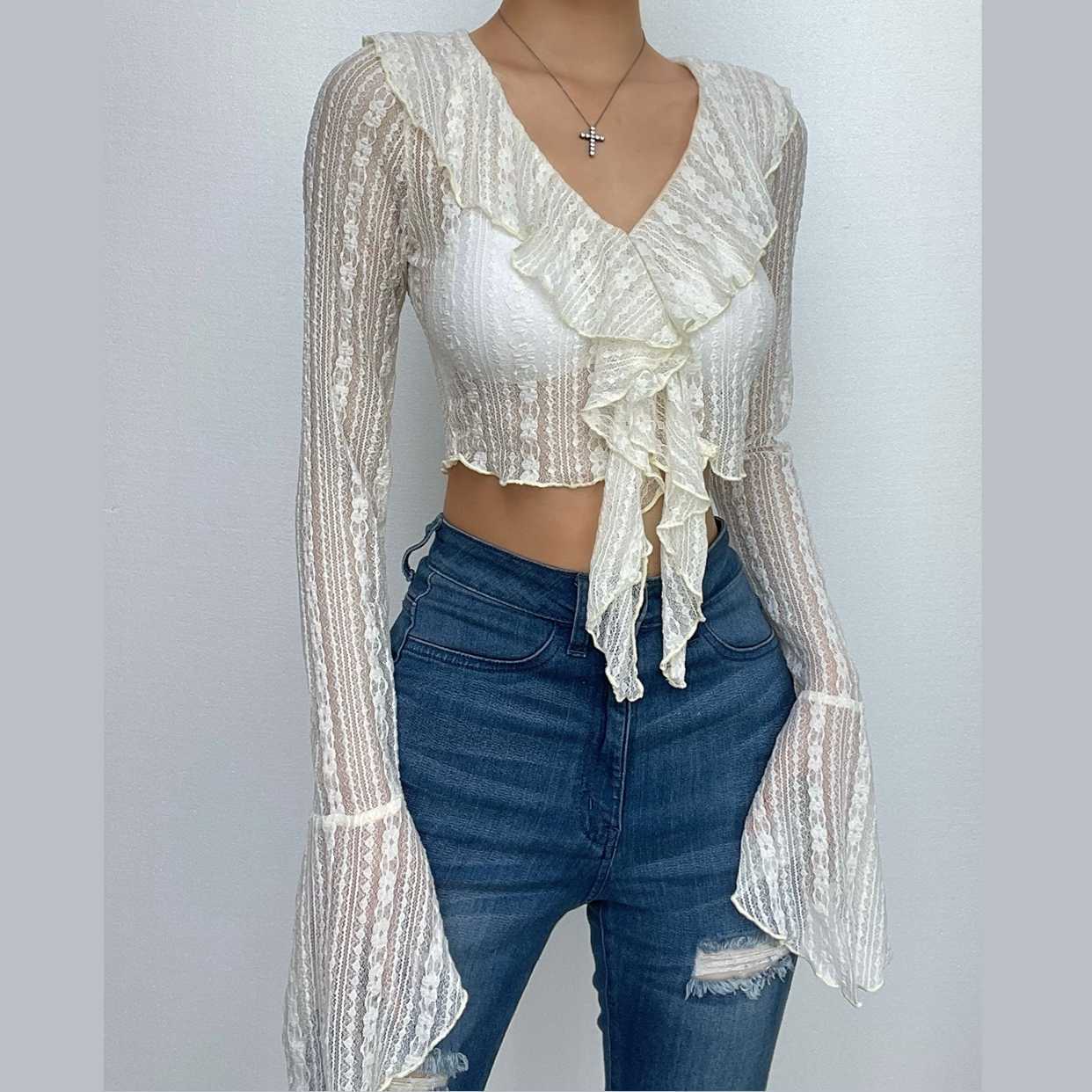 Lace See-Through Flared Sleeve V-Neck Ruffle Crop Top - Y2K Aesthetic Cute Top