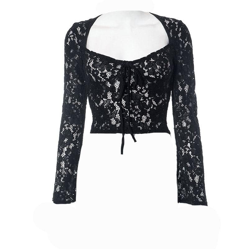 Lace See-Through Self-Tie Long Sleeve Crop Top - Y2K Aesthetic, Coquette Style, Cute Tops