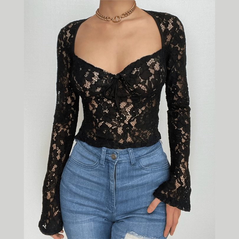 Lace See-Through Self-Tie Long Sleeve Crop Top - Y2K Aesthetic, Coquette Style, Cute Tops