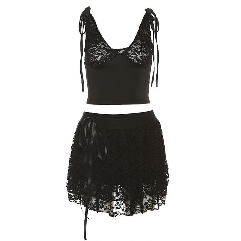 Lace See-Through Self-Tie V-Neck Sleeveless Ruffle Mini Skirt Set for Y2K & Coquette Aesthetic