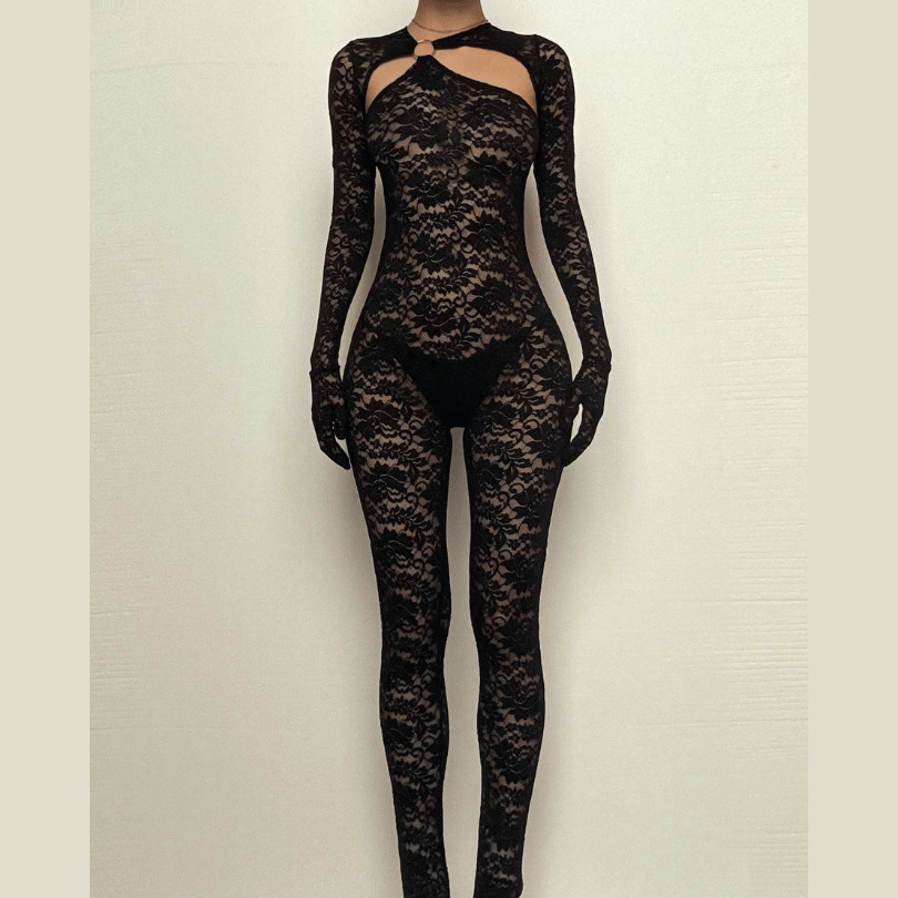 Lace See-Through Zip-Up Long Sleeve Jumpsuit - Y2K Grunge Aesthetic Hollow Out Style