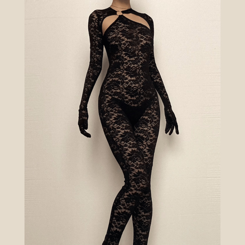 Lace See-Through Zip-Up Long Sleeve Jumpsuit - Y2K Grunge Aesthetic Hollow Out Style