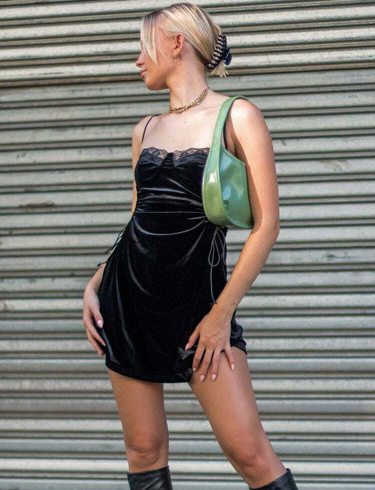 Lace Side Cutout Cami Dress - Y2K Aesthetic Little Black Dress for Coquette & Grunge Styles