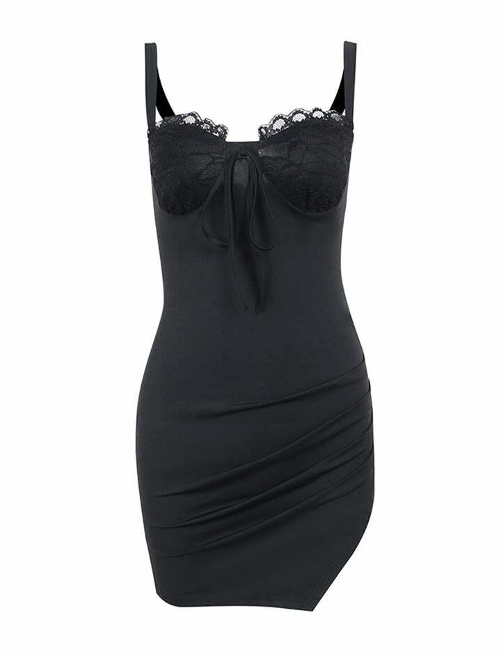 Lace Side Slit V Neck Black Mini Dress - Y2K Aesthetic, Coquette Style, Grunge Fashion