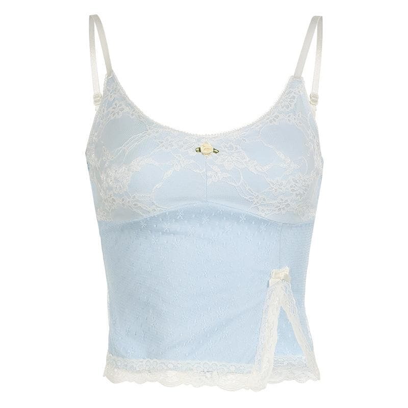 Lace Slit Bowknot Cami Top - Y2K Aesthetic Cute Crop for Coquette & Grunge Styles
