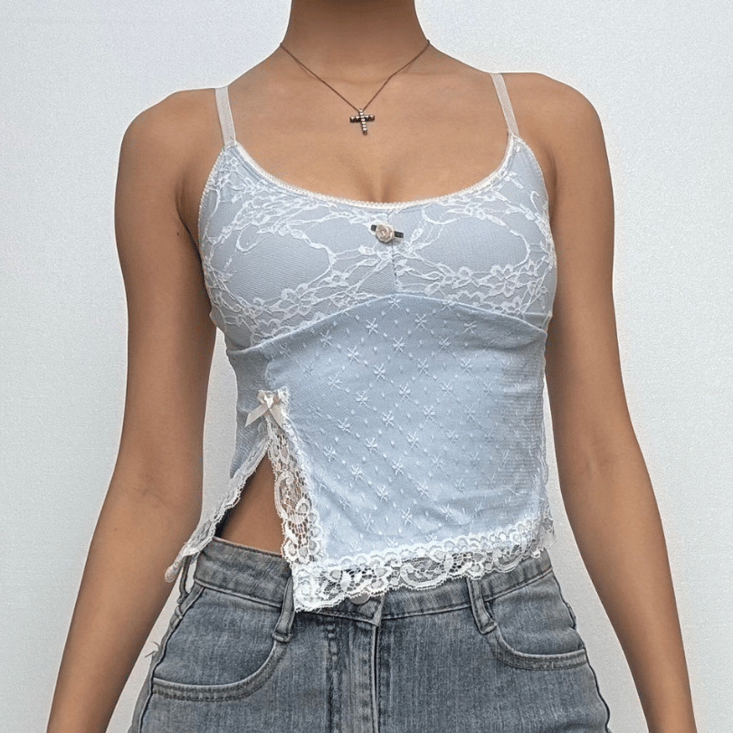 Lace Slit Bowknot Cami Top - Y2K Aesthetic Cute Crop for Coquette & Grunge Styles