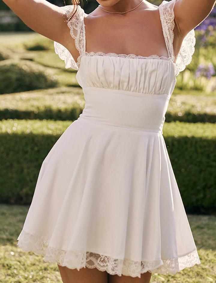 Lace Square Neck Backless Y2K Dress - Slim Fit Wedding Dress for Coquette & Grunge Aesthetics