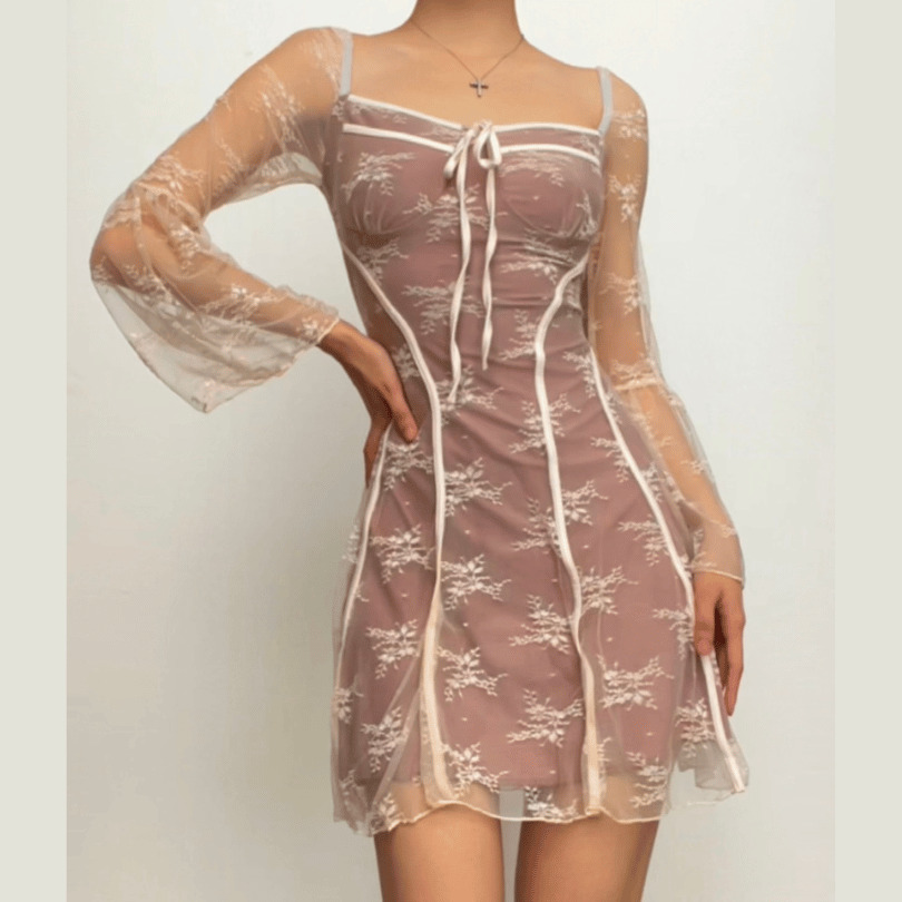 Lace Square Neck Ruffle Mini Dress with Long Flared Sleeves - Y2K Coquette Aesthetic