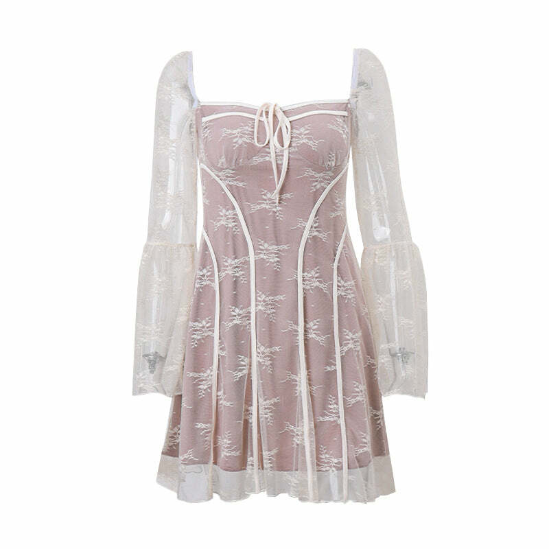 Lace Square Neck Ruffle Mini Dress with Long Flared Sleeves - Y2K Coquette Aesthetic