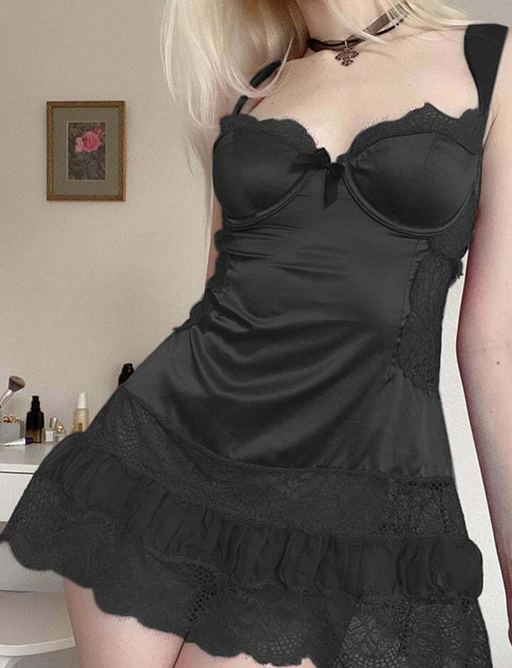 Lace Stitching V-Neck Y2K Dress - High Waist, Cute Aesthetic for Coquette & Grunge Styles