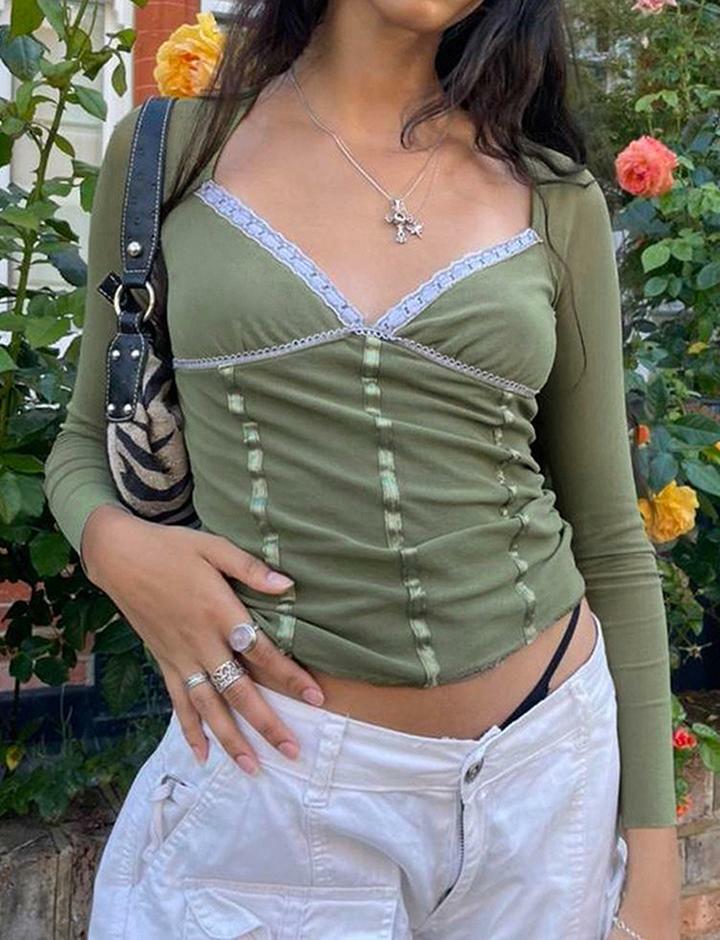 Lace Trim V-Neck Top - Y2K Aesthetic Cute Shirt for Coquette & Grunge Styles