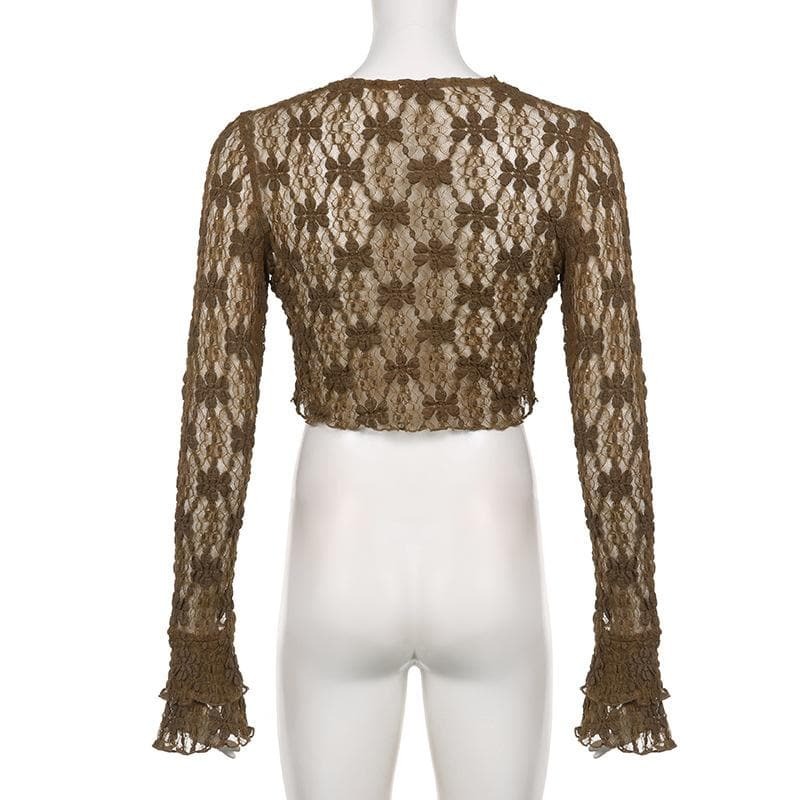 Lace V-Neck Self-Tie Flared Sleeve Crop Top - Y2K Fashion Meets Coquette Aesthetic