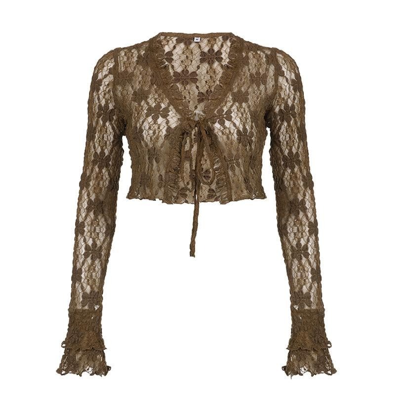 Lace V-Neck Self-Tie Flared Sleeve Crop Top - Y2K Fashion Meets Coquette Aesthetic
