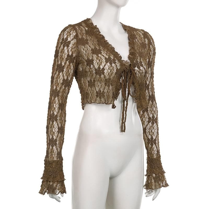 Lace V-Neck Self-Tie Flared Sleeve Crop Top - Y2K Fashion Meets Coquette Aesthetic