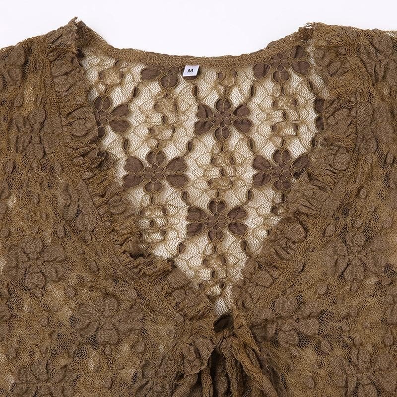 Lace V-Neck Self-Tie Flared Sleeve Crop Top - Y2K Fashion Meets Coquette Aesthetic