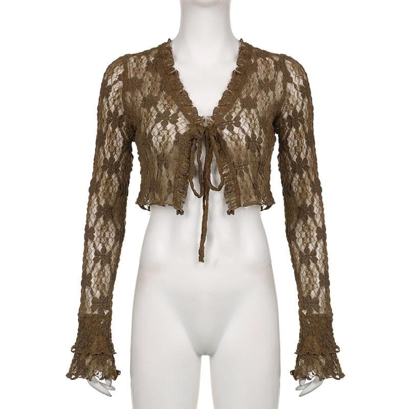 Lace V-Neck Self-Tie Flared Sleeve Crop Top - Y2K Fashion Meets Coquette Aesthetic