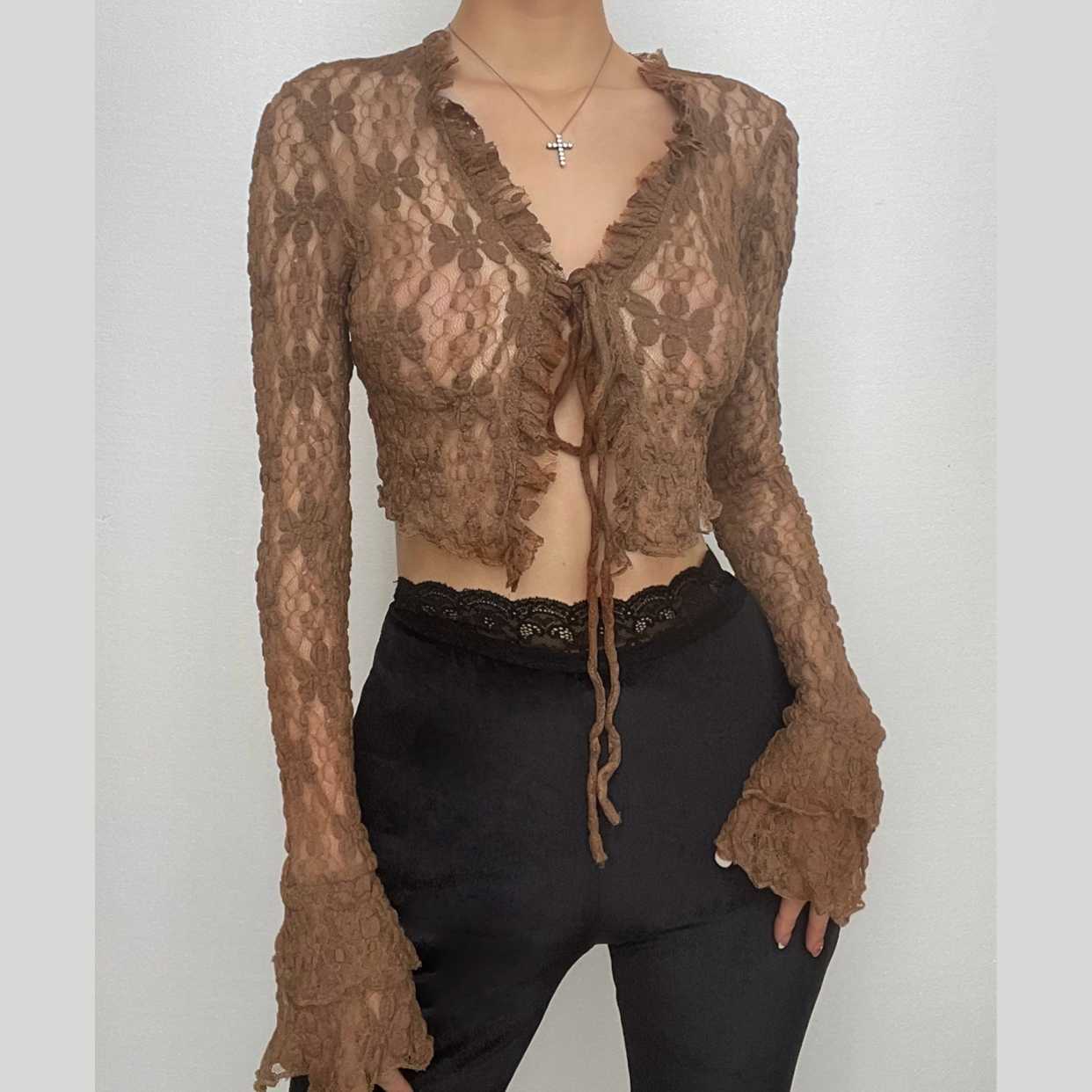 Lace V-Neck Self-Tie Flared Sleeve Crop Top - Y2K Fashion Meets Coquette Aesthetic