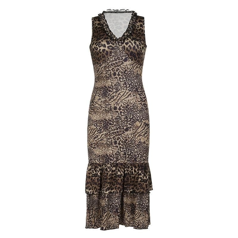 Leopard Print V-Neck Ruffle Ruched Midi Dress - Y2K Aesthetic, Coquette Style, Cute Outfit
