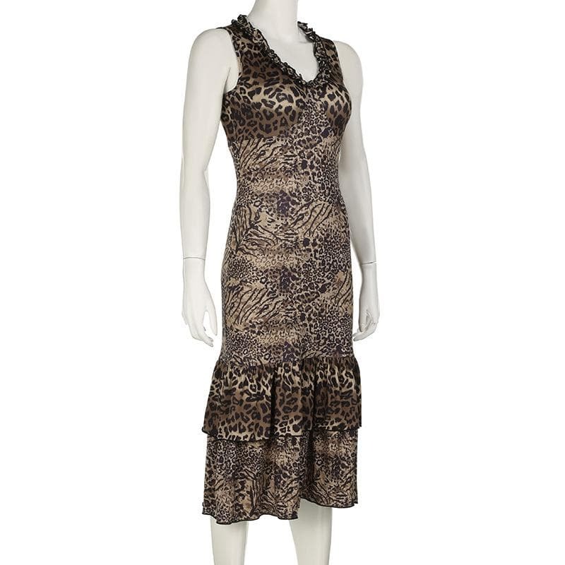 Leopard Print V-Neck Ruffle Ruched Midi Dress - Y2K Aesthetic, Coquette Style, Cute Outfit