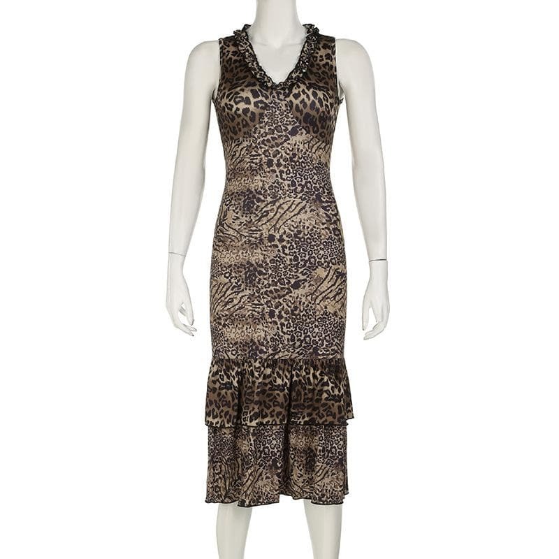 Leopard Print V-Neck Ruffle Ruched Midi Dress - Y2K Aesthetic, Coquette Style, Cute Outfit