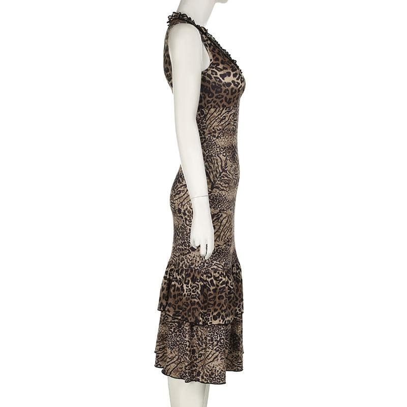 Leopard Print V-Neck Ruffle Ruched Midi Dress - Y2K Aesthetic, Coquette Style, Cute Outfit