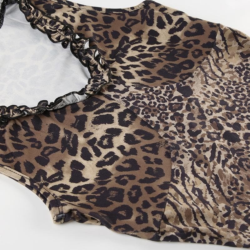 Leopard Print V-Neck Ruffle Ruched Midi Dress - Y2K Aesthetic, Coquette Style, Cute Outfit