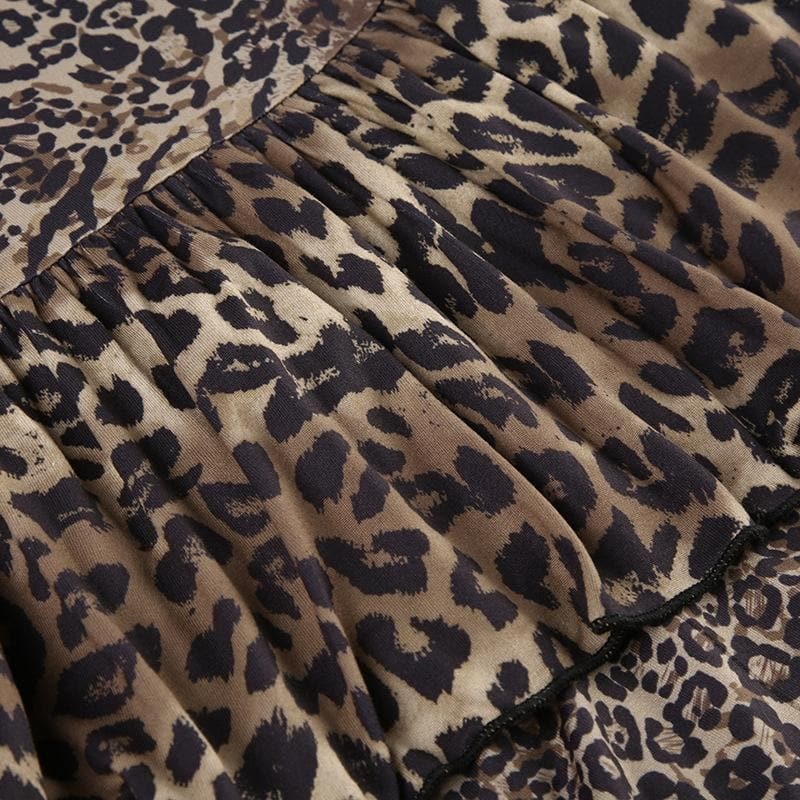 Leopard Print V-Neck Ruffle Ruched Midi Dress - Y2K Aesthetic, Coquette Style, Cute Outfit