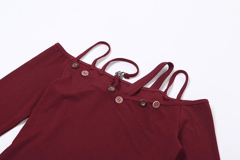 Metal Chain Button Ruffle Off-Shoulder Mini Dress - Y2K Grunge & Coquette Aesthetic