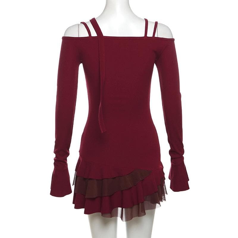 Metal Chain Button Ruffle Off-Shoulder Mini Dress - Y2K Grunge & Coquette Aesthetic