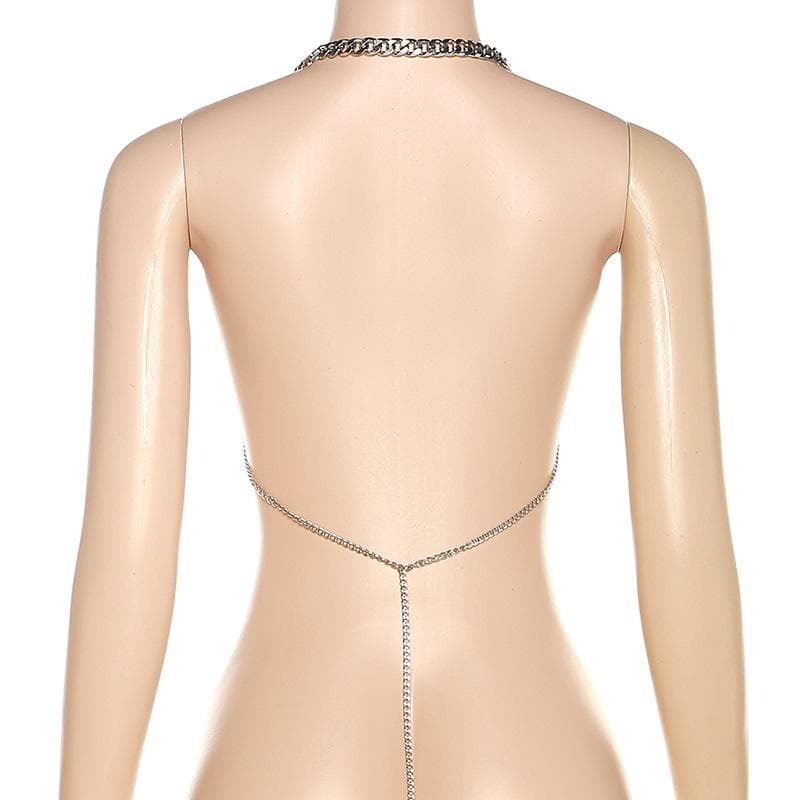 Metal Chain O-Ring Backless Crop Top - Y2K Fashion Meets Grunge Aesthetic Style