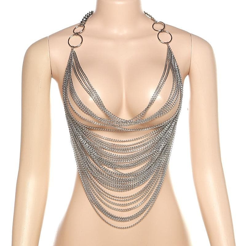 Metal Chain O-Ring Backless Crop Top - Y2K Fashion Meets Grunge Aesthetic Style