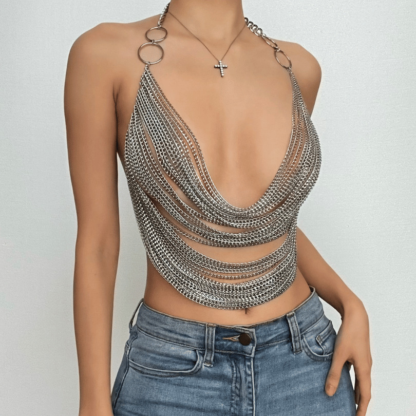 Metal Chain O-Ring Backless Crop Top - Y2K Fashion Meets Grunge Aesthetic Style