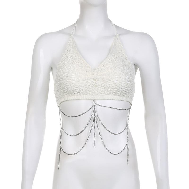 Metal Chain Ruched V-Neck Halter Backless Crochet Crop Top - Y2K & Coquette Aesthetic