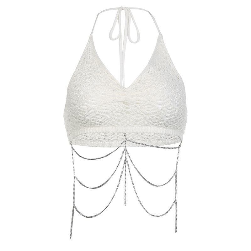 Metal Chain Ruched V-Neck Halter Backless Crochet Crop Top - Y2K & Coquette Aesthetic
