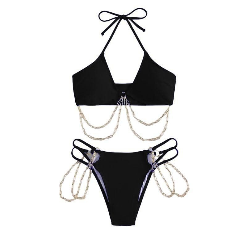 Metal Chain Solid Padded Hollow Out Halter Tie Bikini - Y2K Aesthetic Swimwear