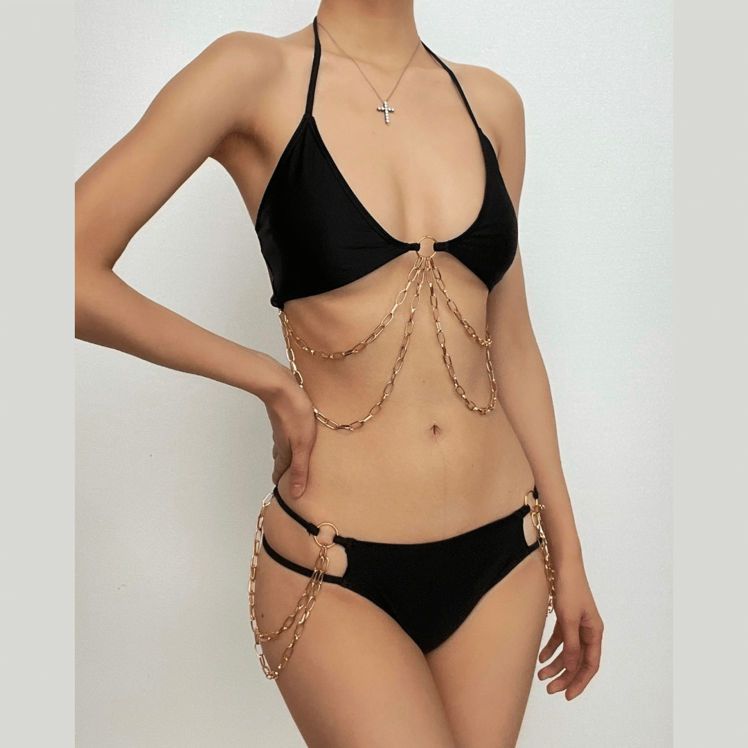 Metal Chain Solid Padded Hollow Out Halter Tie Bikini - Y2K Aesthetic Swimwear