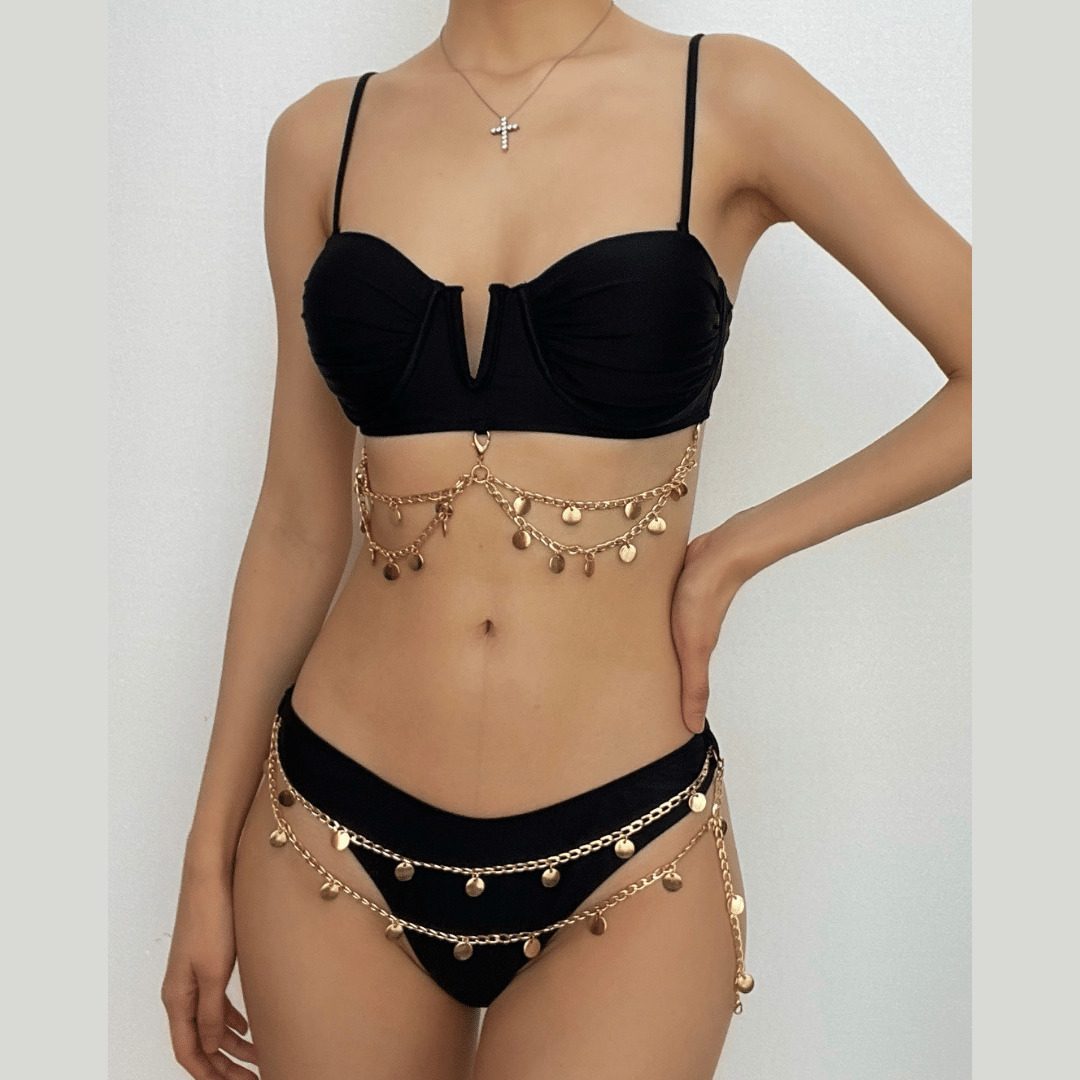 Metal Chain Solid Ruched Padded Bikini - Y2K Aesthetic Swimwear for Trendy Summer Vibes