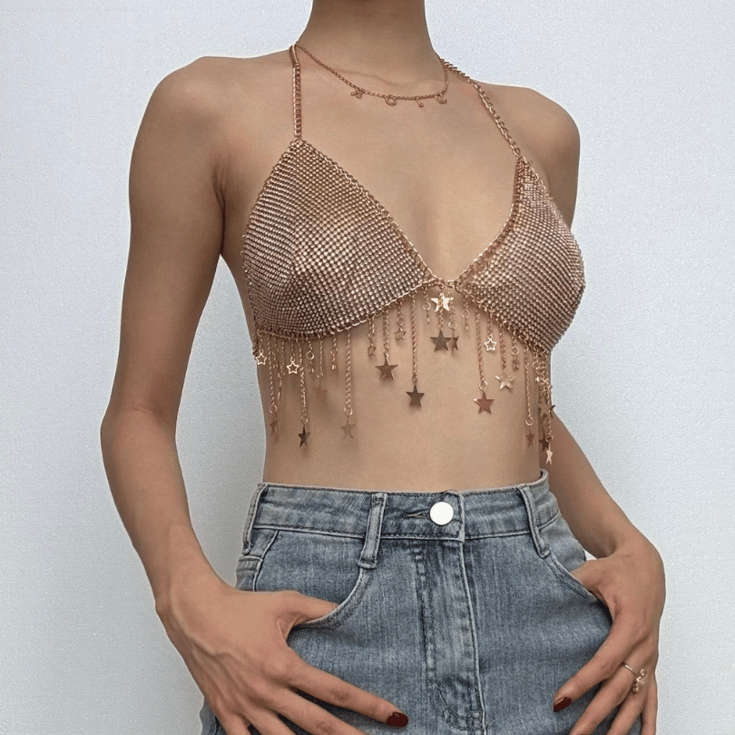 Metal Chain Star Decor Backless Bralette Top - Y2K Aesthetic Cute Crop for Grunge & Coquette Styles