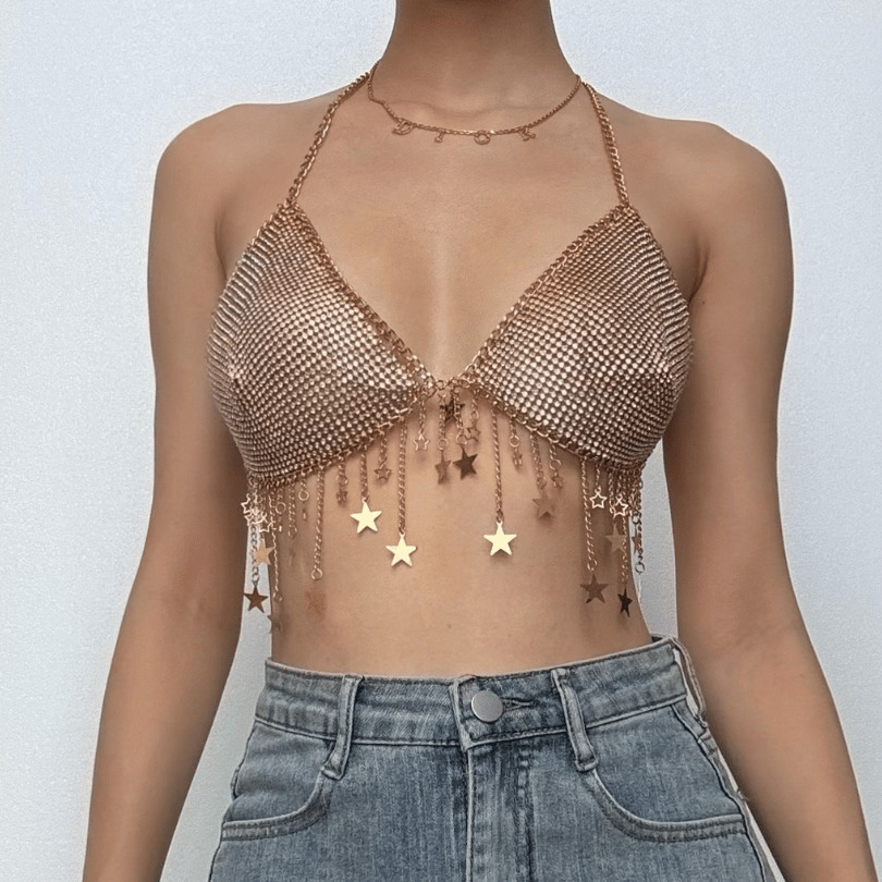 Metal Chain Star Decor Backless Bralette Top - Y2K Aesthetic Cute Crop for Grunge & Coquette Styles
