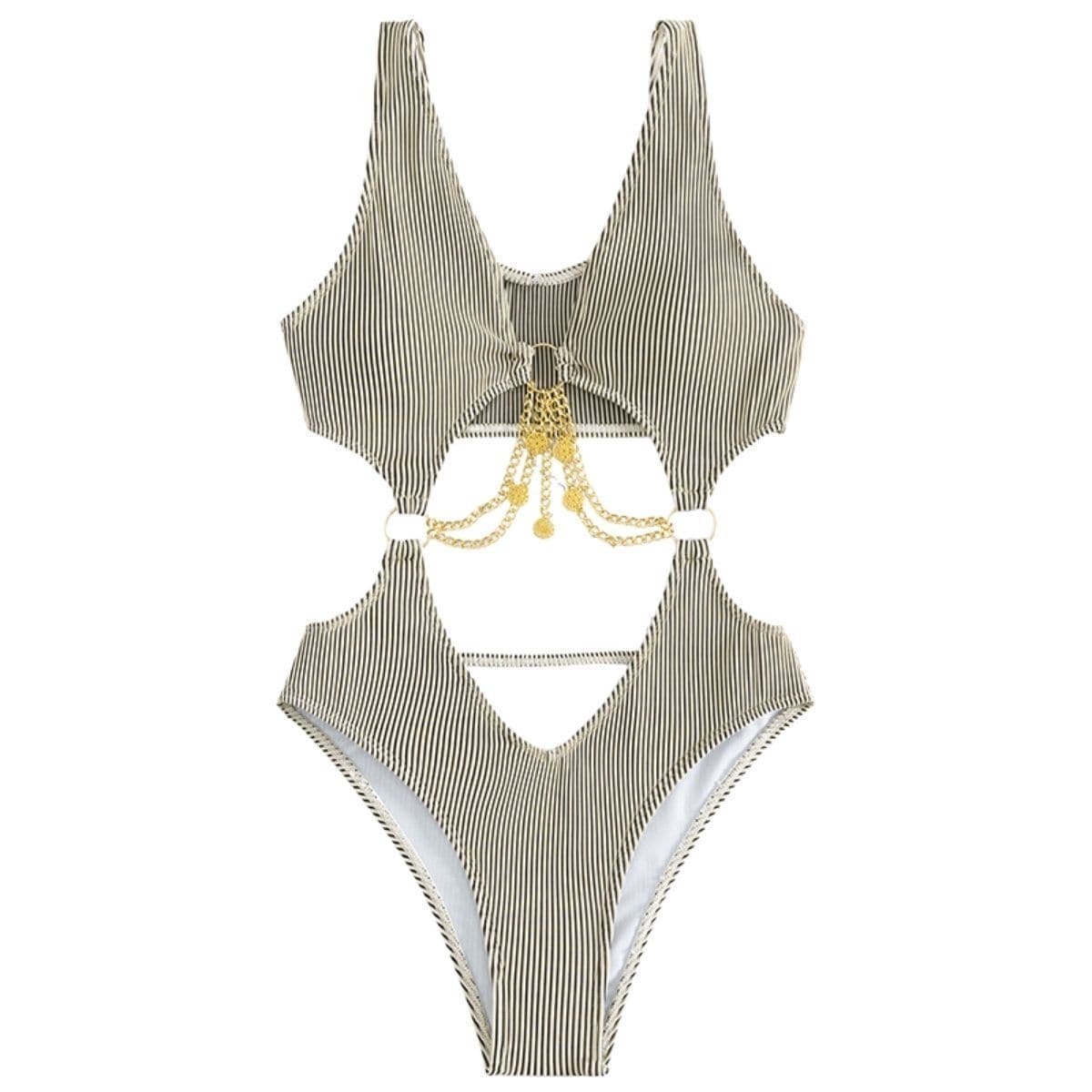 Metal Chain Textured O-Ring V-Neck Hollow Out One-Piece Swimwear for Y2K & Grunge Aesthetic