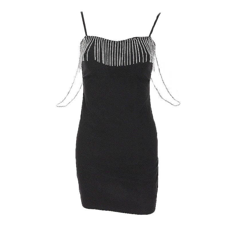 Metal Chain Zip-Up Sweetheart Neck Cami Dress with Tassels - Y2K Grunge & Coquette Aesthetic